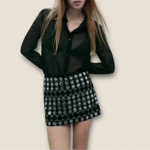 Zara | Black Velvet and Sequin Beaded Mini Skirt | Size M, NWT